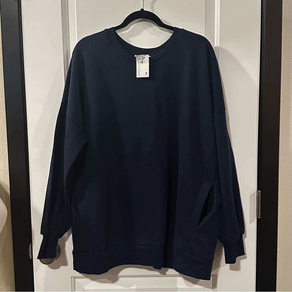 Zenana Navy Blue Crewneck Sweater with Pockets Women’s| NWT| XL Cozy